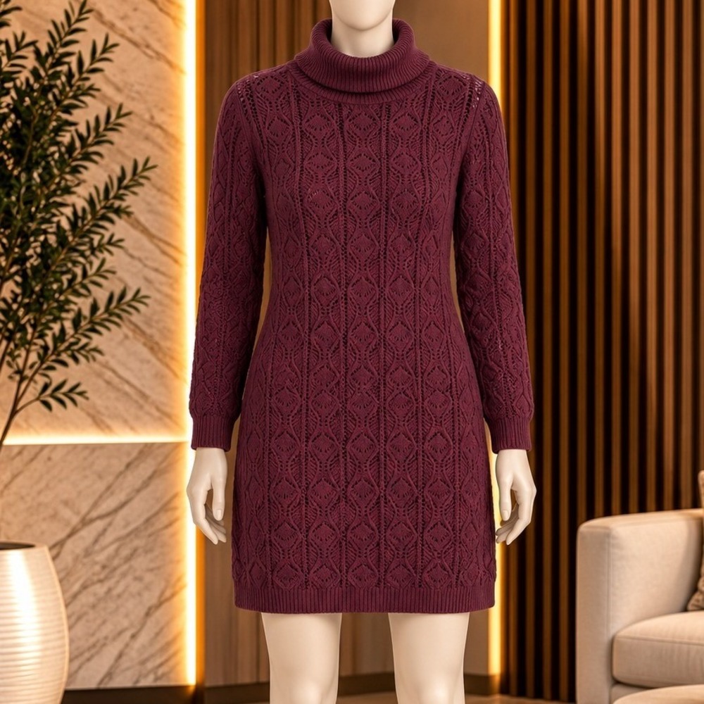 Gap Womens Sweater Dress Burgundy Pointelle Cable Knit Turtleneck Size Small